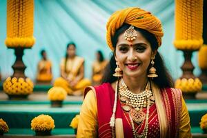 un mujer en tradicional indio atuendo poses para un foto. generado por ai foto