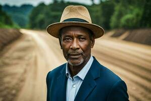 a man in a hat and suit standing on a dirt road. AI-Generated photo