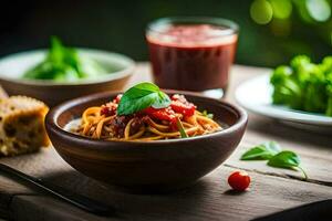 spaghetti with tomato sauce and basil leaves in a wooden bowl. AI-Generated photo