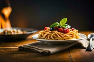 espaguetis con Tomates y albahaca en un lámina. generado por ai foto