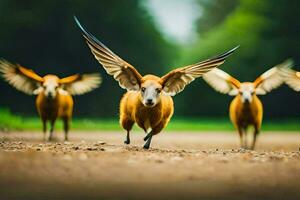 un grupo de animales con alas untado afuera. generado por ai foto