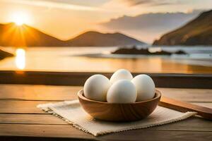 eggs in a bowl on a table with a view of the mountains. AI-Generated photo