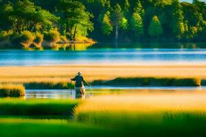 un hombre es pescar en un lago rodeado por alto césped. generado por ai foto