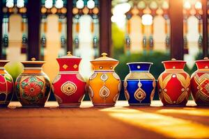 a row of colorful vases lined up on a table. AI-Generated photo