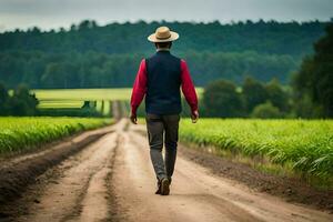 a man in a hat walks down a dirt road. AI-Generated photo