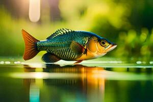 a fish is floating on the water in front of a green background. AI-Generated photo