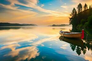 a boat sits on the calm water at sunset. AI-Generated photo