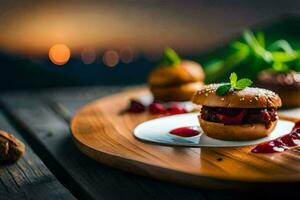Tres hamburguesas en un de madera plato con un puesta de sol en el antecedentes. generado por ai foto