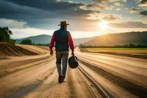 un hombre en un vaquero sombrero caminando abajo un suciedad la carretera. generado por ai foto