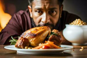 man with beard looking at a plate of food. AI-Generated photo