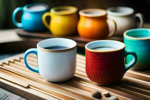colorful coffee cups on a wooden tray. AI-Generated photo