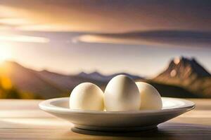 three eggs in a bowl on a table with mountains in the background. AI-Generated photo