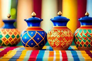 colorful vases on a colorful tablecloth. AI-Generated photo