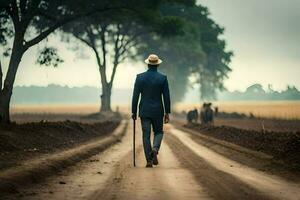 a man in a suit and hat walking down a dirt road. AI-Generated photo