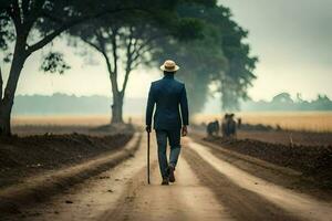 un hombre en un traje y sombrero caminando abajo un suciedad la carretera. generado por ai foto