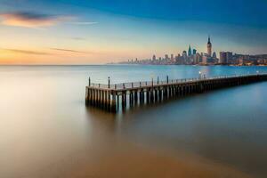 a long exposure photograph of a pier in the water with the manhattan skyline in the background. AI-Generated photo