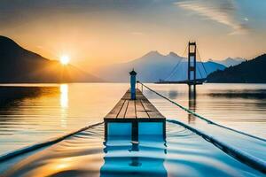 un muelle en el agua con un puente en el antecedentes. generado por ai foto