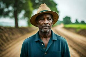 a man wearing a hat stands on a dirt road. AI-Generated photo