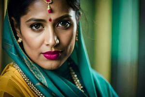 a woman in a sari with a bright pink lipstick. AI-Generated photo