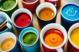 many different colored cups of tea are arranged on a table. AI-Generated photo