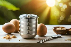 eggs and spices sit on a table next to a stainless steel container. AI-Generated photo