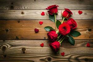 red roses on a wooden background. AI-Generated photo