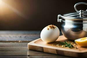 a wooden cutting board with an egg and a pot. AI-Generated photo