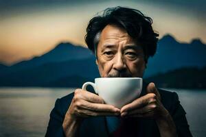 an asian man holding a cup of coffee. AI-Generated photo