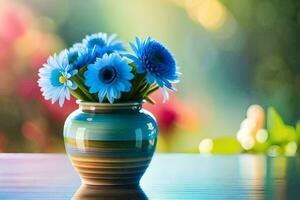 blue flowers in a vase on a table. AI-Generated photo