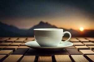 the coffee cup is on a wooden table in front of a mountain view. AI-Generated photo