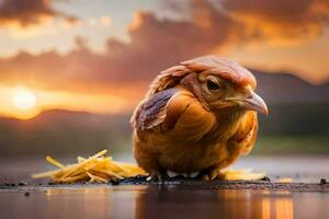 un pájaro es sentado en el suelo con un pedazo de alimento. generado por ai foto