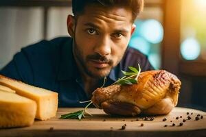 un hombre es mirando a un pollo en un corte tablero. generado por ai foto