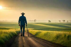 un hombre caminando en un suciedad la carretera en el medio de un campo. generado por ai foto