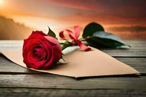 a red rose is sitting on a piece of paper with a sunset in the background. AI-Generated photo