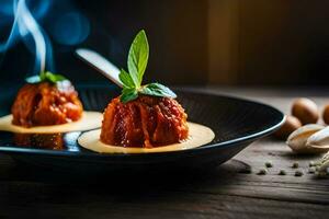 two small desserts on a plate with spices. AI-Generated photo