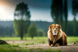 a lion sitting on the ground in a field. AI-Generated photo