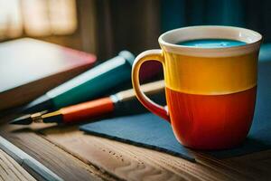 a coffee cup with a colorful lid sits on a table. AI-Generated photo