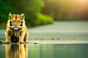 a tiger is standing on the shore of a lake. AI-Generated photo