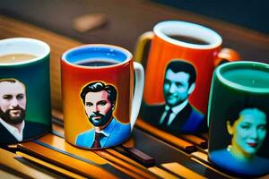 Tres café tazas con retratos de hombres en a ellos. generado por ai foto