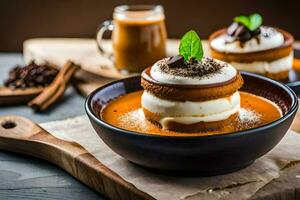 two desserts with whipped cream and cinnamon on a wooden table. AI-Generated photo