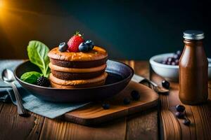 chocolate pancakes with berries and berries on a wooden table. AI-Generated photo