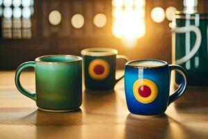 three colorful mugs sitting on a table. AI-Generated photo