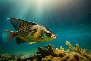 pescado nadando en el Oceano con luz de sol brillante en él. generado por ai foto