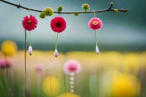 three flowers hanging from a branch in a field. AI-Generated photo