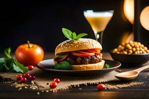 a hamburger with vegetables and a glass of wine. AI-Generated photo