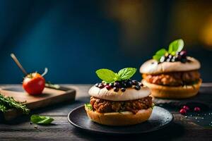 two hamburgers with meat and vegetables on a plate. AI-Generated photo