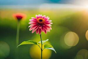 a pink flower is standing in front of a green field. AI-Generated photo