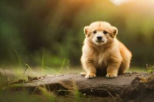 un perrito sentado en un Iniciar sesión en el bosque. generado por ai foto