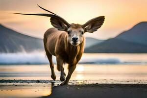 a deer with long horns running on the beach. AI-Generated photo