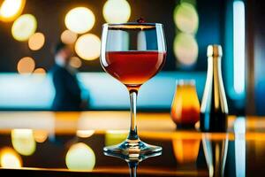 a glass of wine sitting on a bar counter. AI-Generated photo